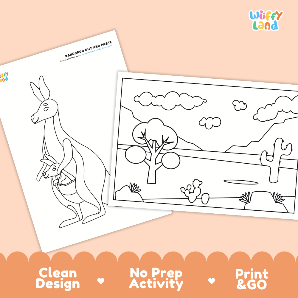 Kangaroo Cut and Paste Craft and Coloring Activity Worksheets