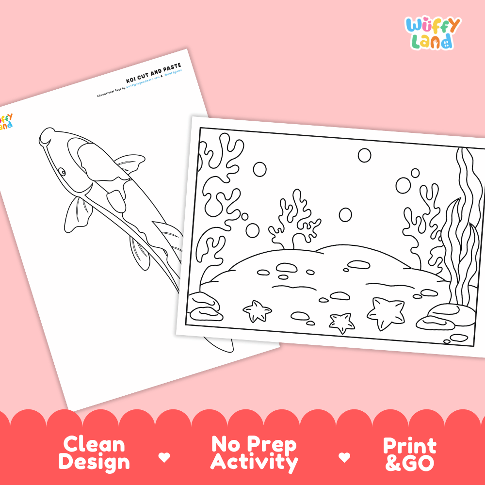 Koi Cut and Paste Craft and Coloring Activity Worksheets