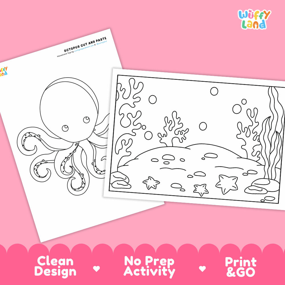 Octopus Cut and Paste Craft and Coloring Activity Worksheets