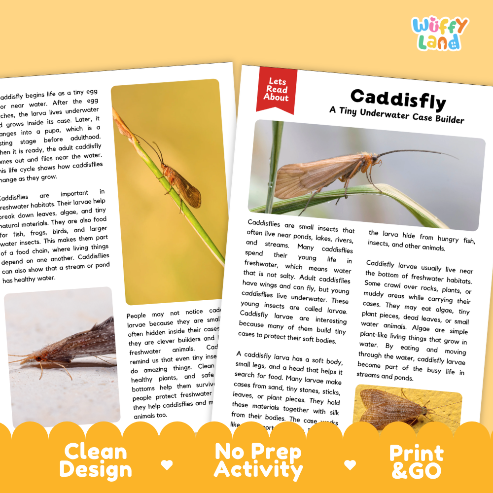 An educational activity booklet titled 'Caddisfly: A Ting Underwater Case Builder' by Wuffy Land, featuring a caddisfly case craft activity, a real caddisfly, and printed instructions on a white background with colorful decorative borders.