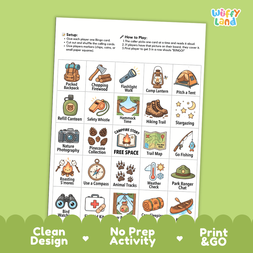 Camping Adventure Bingo Games Printable Activity