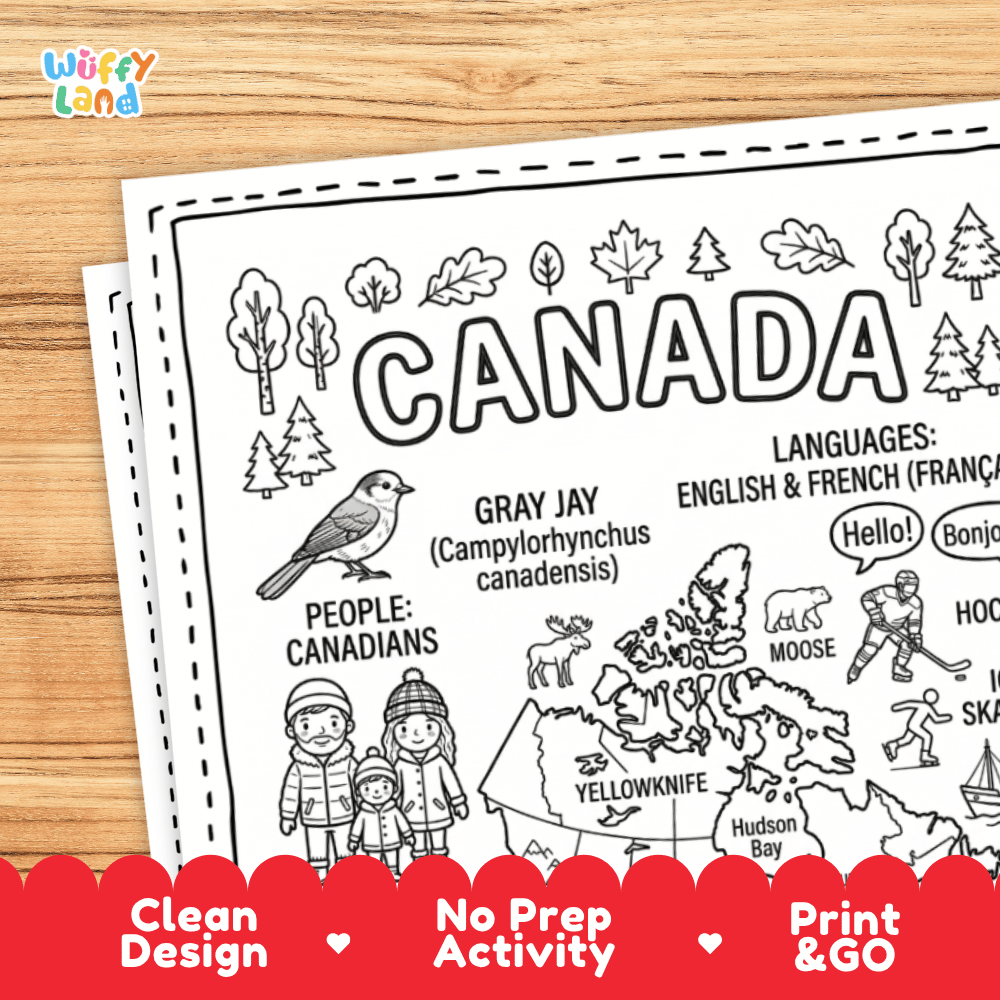Cultural coloring page featuring RCMP Mountie uniform, Indigenous totem pole, ice hockey, and bilingual greeting speech bubbles