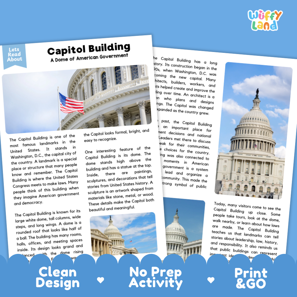 Two educational reading activity sheets about the Capitol Building, shown on a white background. The left sheet has a photo of the U.