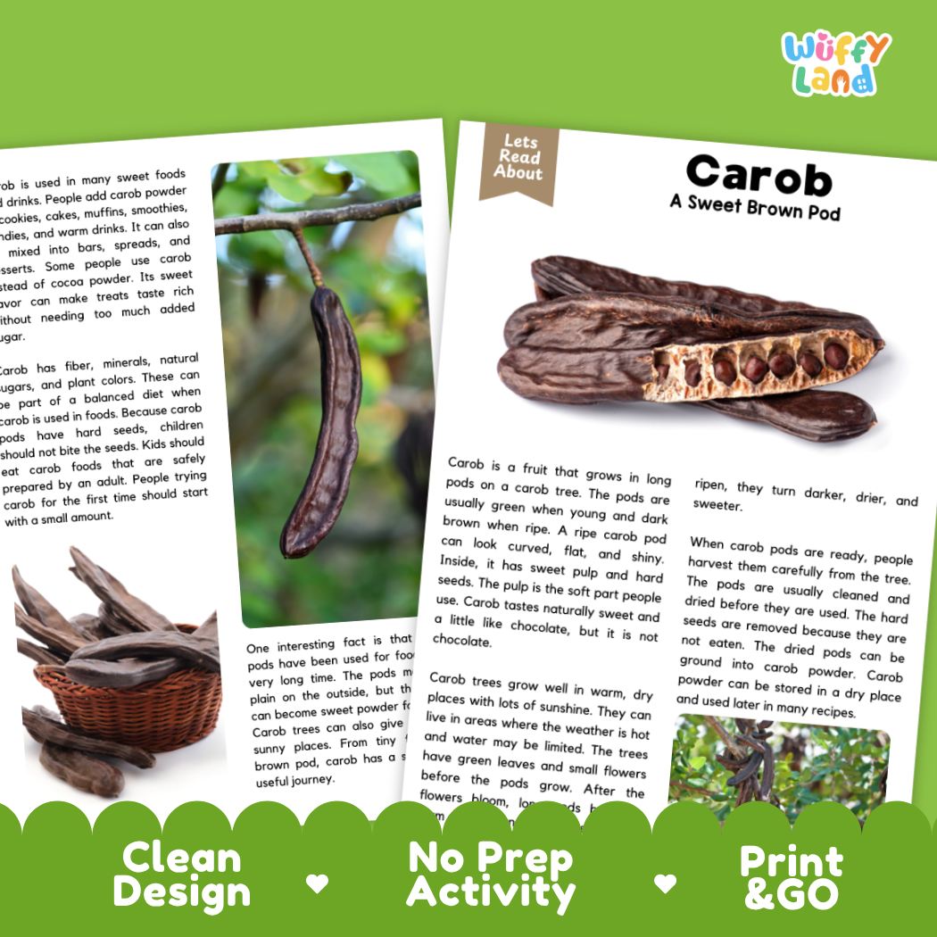 Teacher answer key page showing complete question solutions for Carob nature and science reading comprehension practice