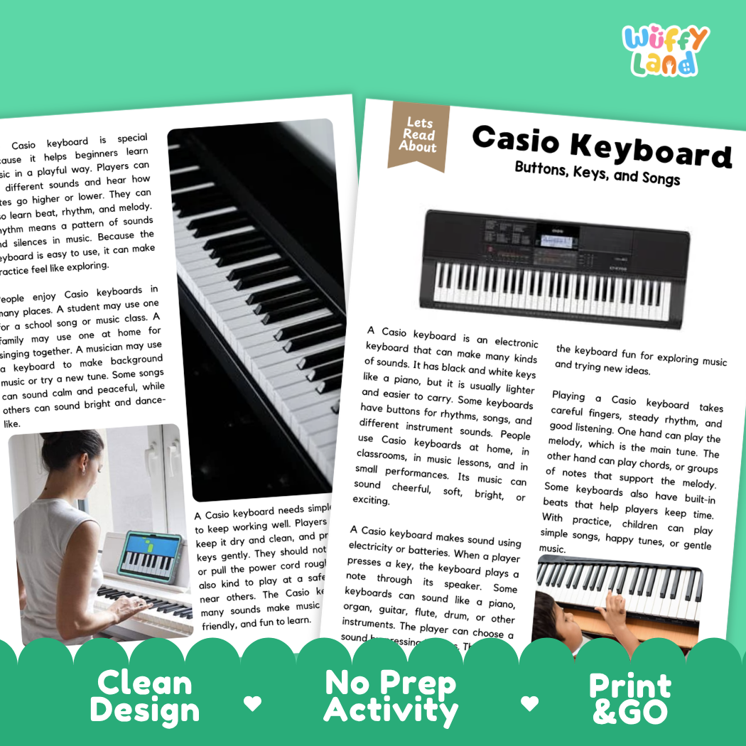 Teacher answer key page showing complete question solutions for Casio Keyboard music education reading comprehension practice