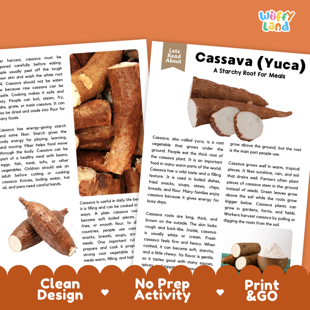 Teacher answer key page showing complete question solutions for cassava yuca reading comprehension practice