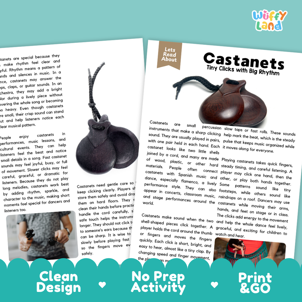 Teacher answer key page showing complete question solutions for Castanets music education reading comprehension practice