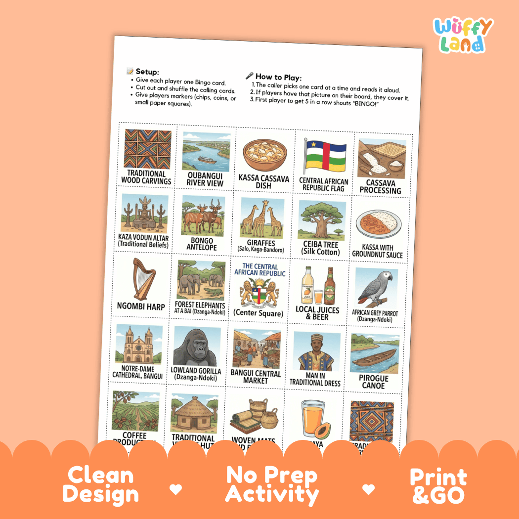 Central African Republic Geography BINGO Games Printable Country Study Activity Cards