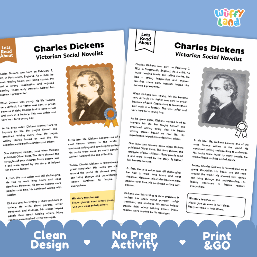 Lined writing activity page with decorative frame for student writing assignments about Charles Dickens