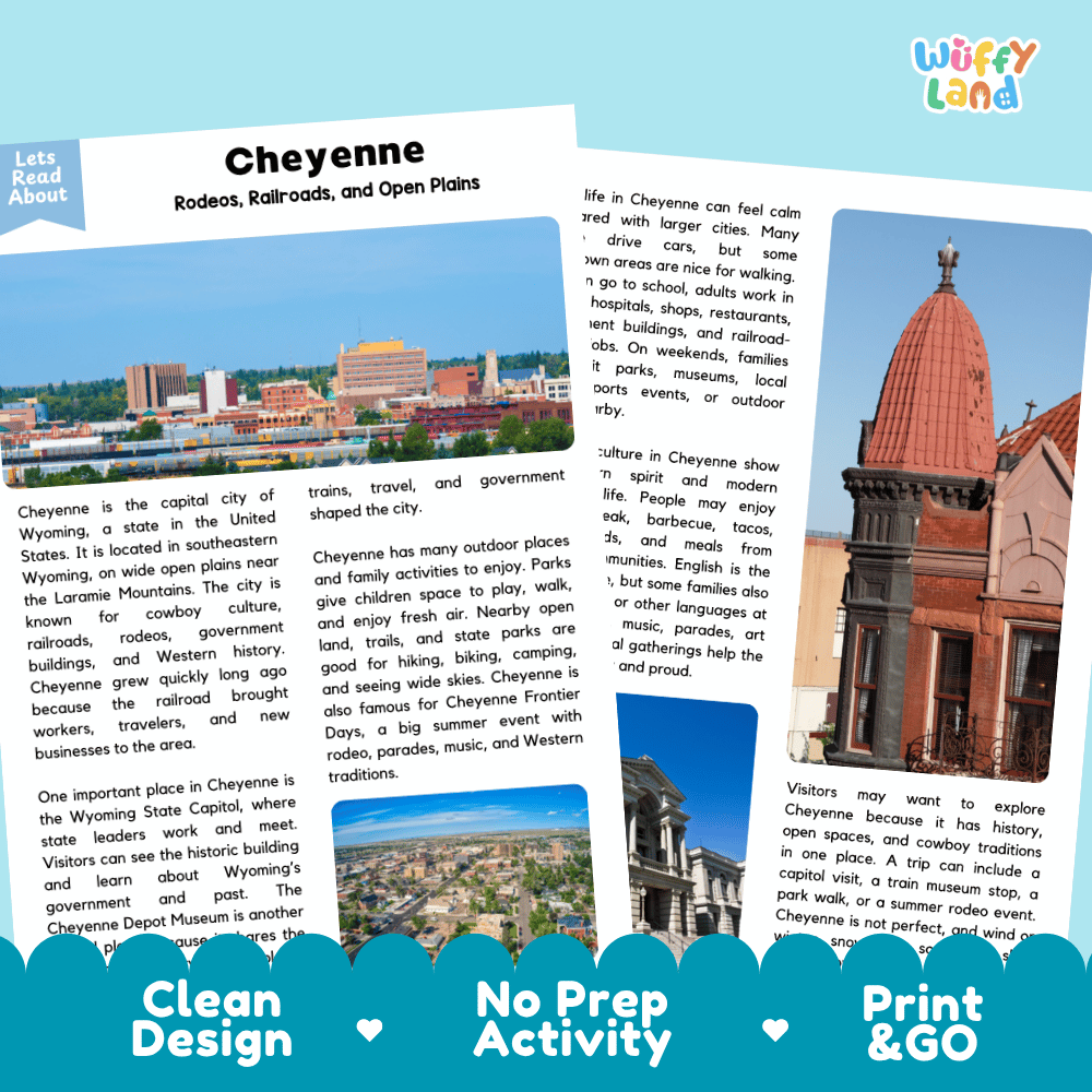 Reference sheet and answer key for Cheyenne landmark reading passage displaying completed comprehension answers and United States geography facts