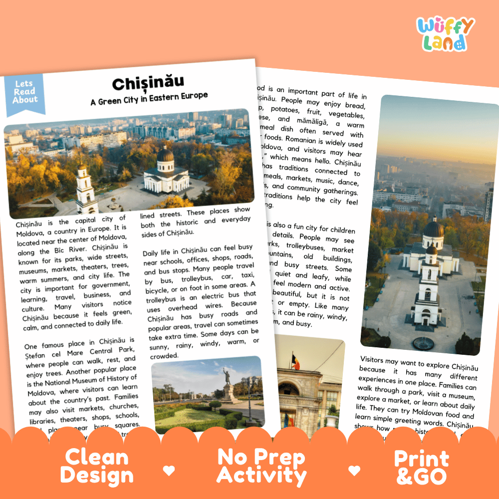 Reference sheet and answer key for Chișinău landmark reading passage displaying completed comprehension answers and European geography facts