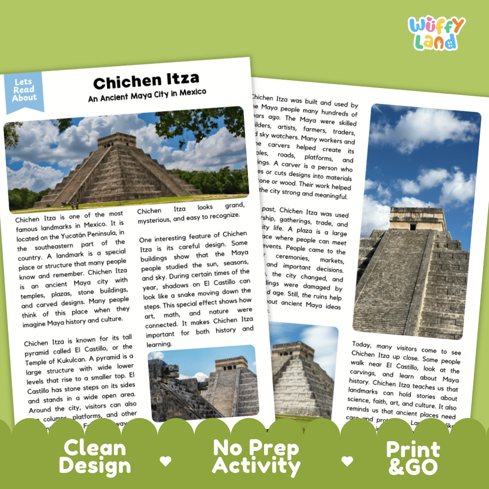Reference sheet and answer key for Chichen Itza landmark reading passage displaying completed comprehension answers and ancient Maya civilization facts