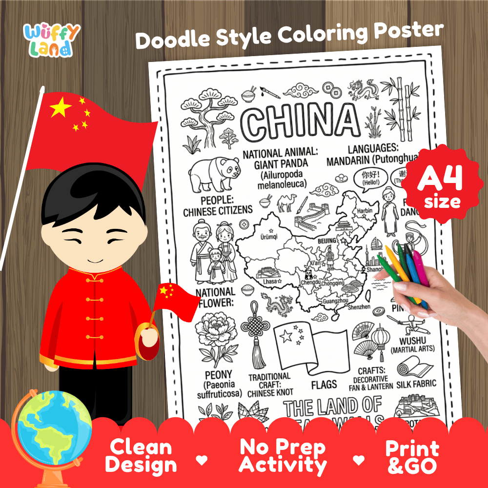 Printable A4 doodle coloring poster highlighting China map, Giant Panda, Great Wall, and tea culture 🎨🐼