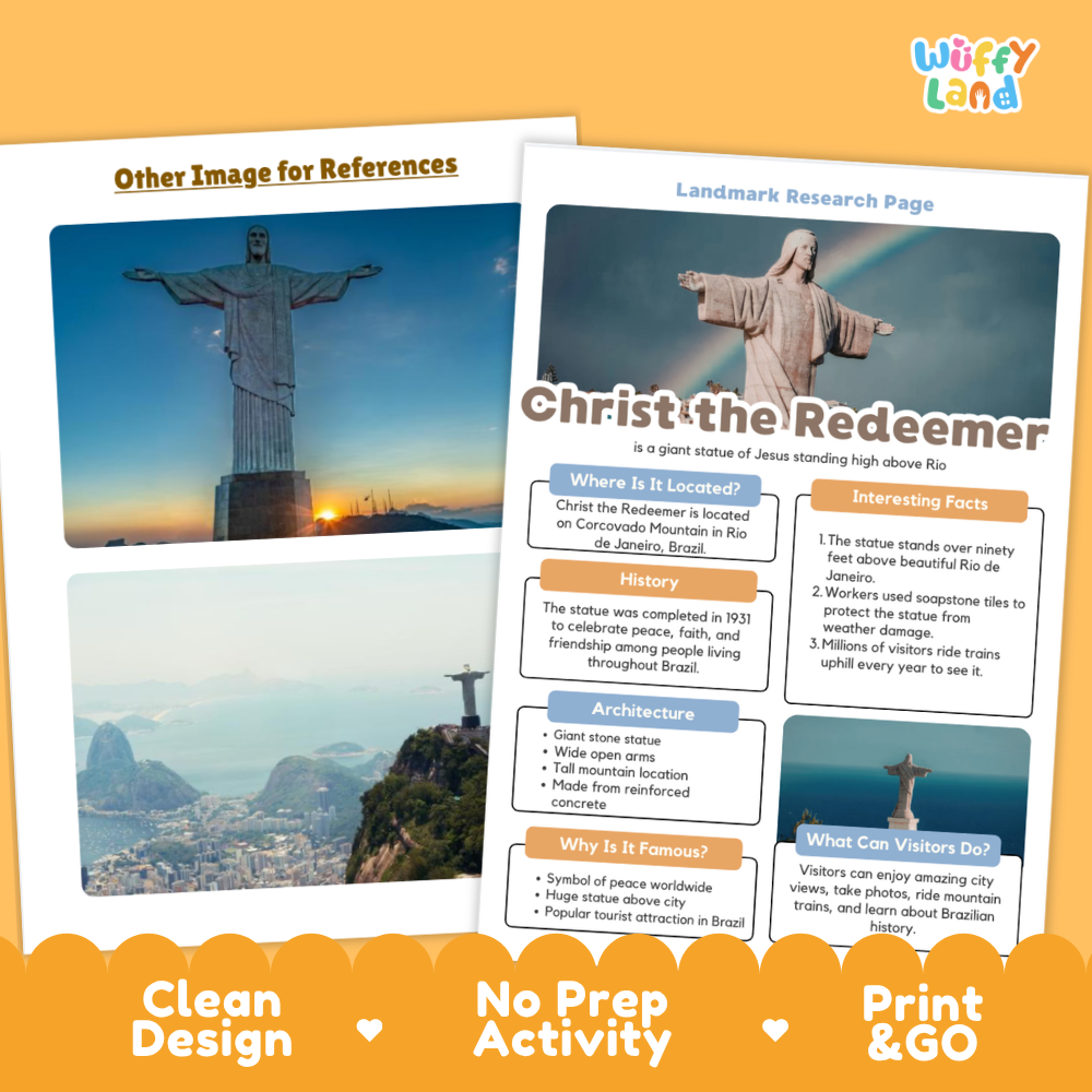 A promotional graphic for a geography activity sheet about Christ the Redeemer. The design shows a printed worksheet page with a photo of the statue at sunset, labeled landmarks and text boxes, plus marketing text reading 'Other Image for References,' 'Landmark Research Page,' 'Clean Design,' 'No Prep Activity,' and 'Print & GO.