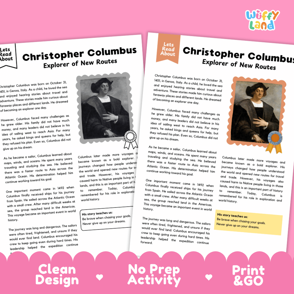 Christopher Columbus Biography Reading Passage and Writing Activity Worksheets