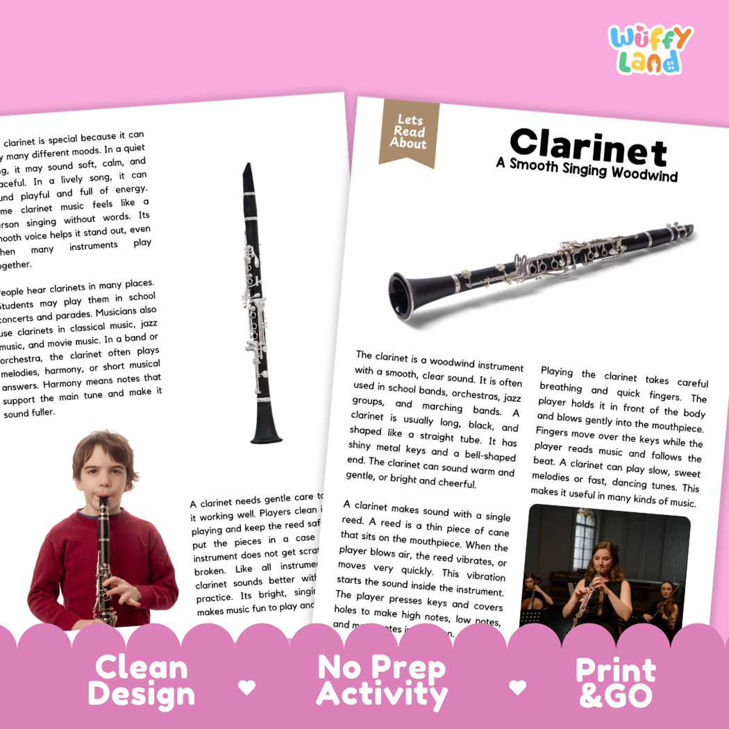 Teacher answer key page showing complete question solutions for Clarinet music education reading comprehension practice