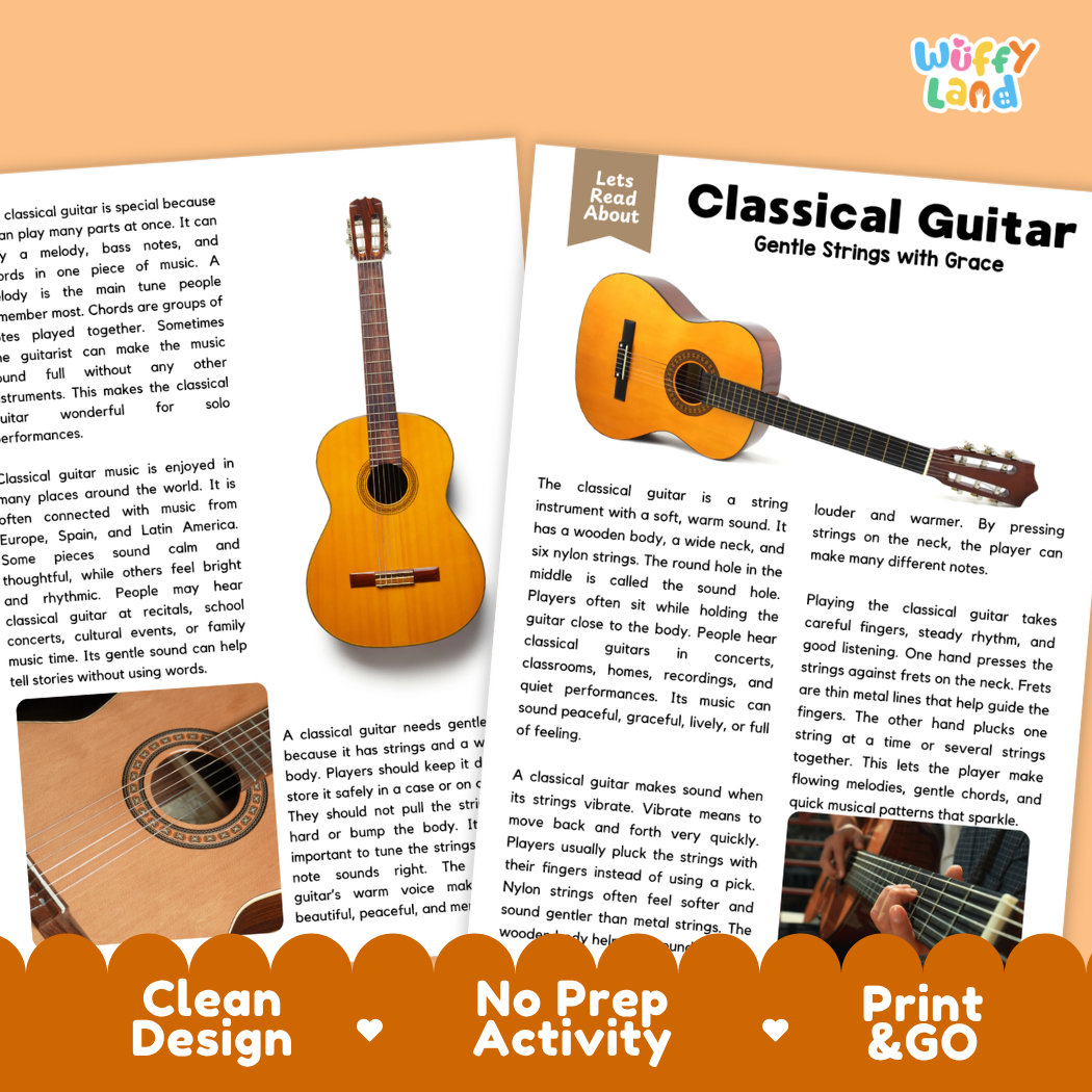 Teacher answer key page showing complete question solutions for Classical Guitar music education reading comprehension practice