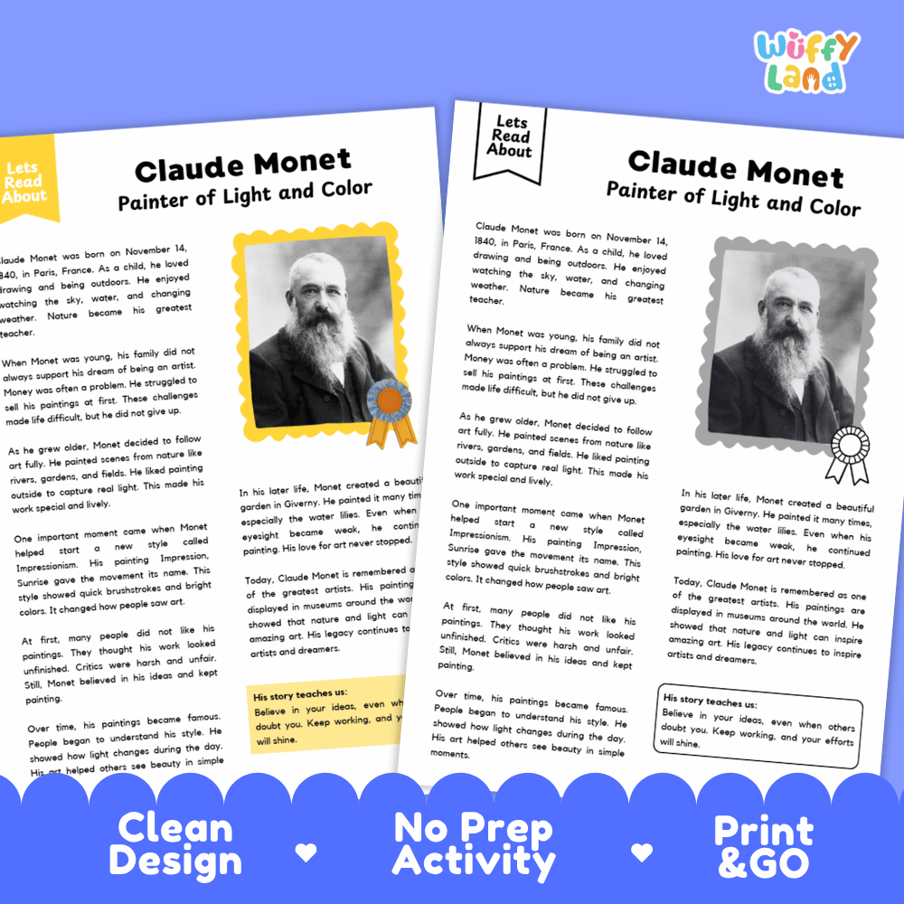 Claude Monet Biography Reading Passage and Writing Activity Worksheets