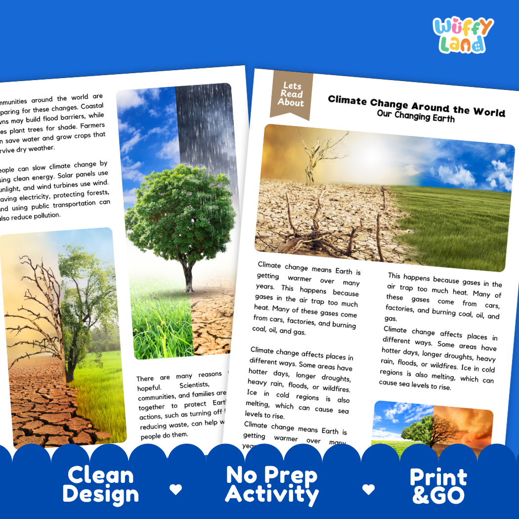 Teacher answer key page showing complete question solutions for Climate Change Around the World Earth science reading comprehension practice