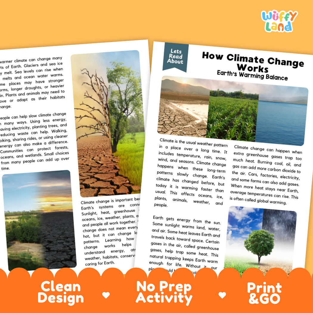 Complete teacher answer key worksheet providing detailed model responses for climate change comprehension questions