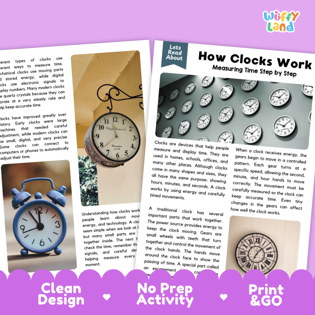 Complete teacher answer key worksheet providing detailed model responses for clock comprehension questions