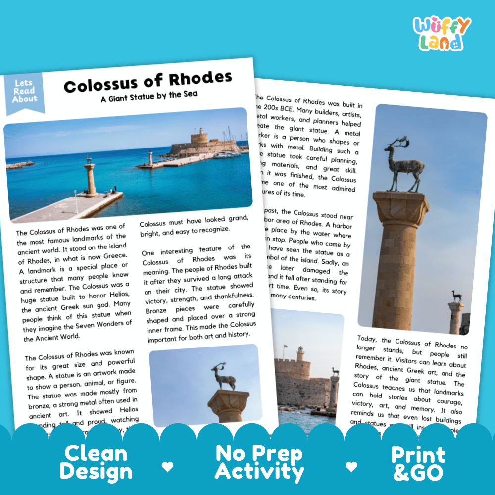 Reference sheet and answer key for Colossus of Rhodes landmark reading passage displaying completed comprehension answers and ancient Greek history facts
