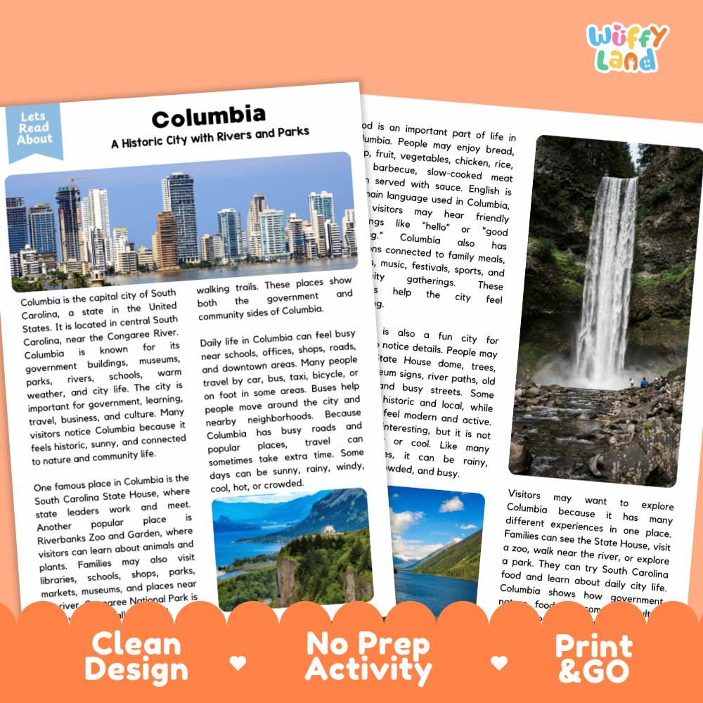 Reference sheet and answer key for Columbia landmark reading passage displaying completed comprehension answers and United States geography facts