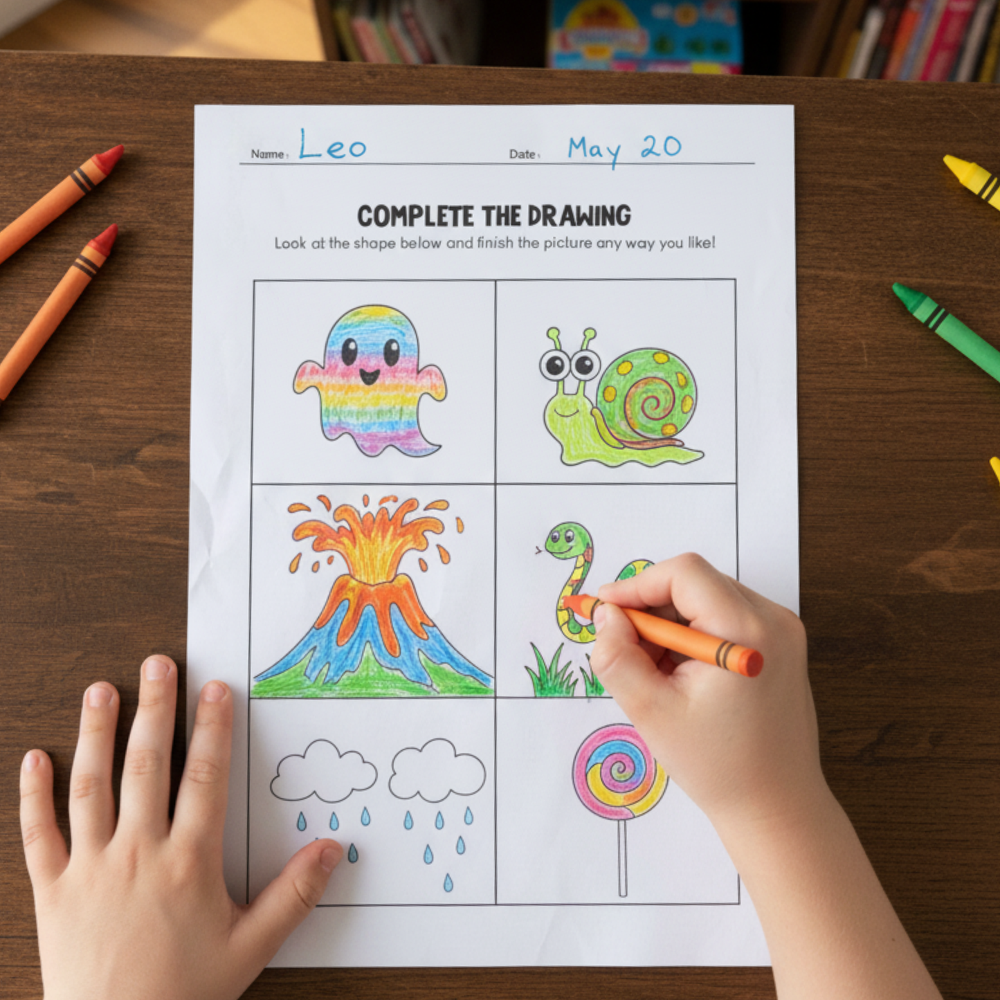 Printable “Complete the Drawing” worksheets for kids featuring unfinished lines and shapes for children to complete, including multiple prompt pages and doodle-style art supplies like crayons and pencils