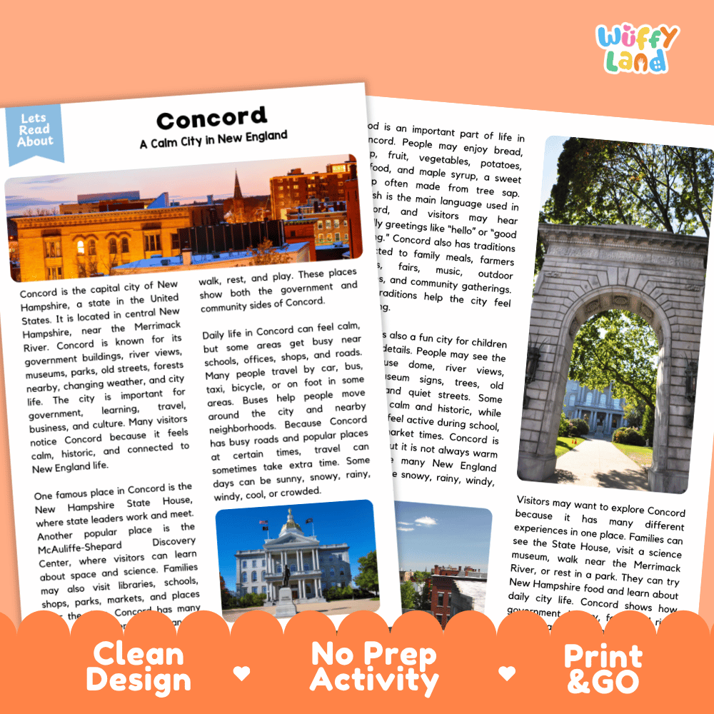 Reference sheet and answer key for Concord landmark reading passage displaying completed comprehension answers and United States geography facts
