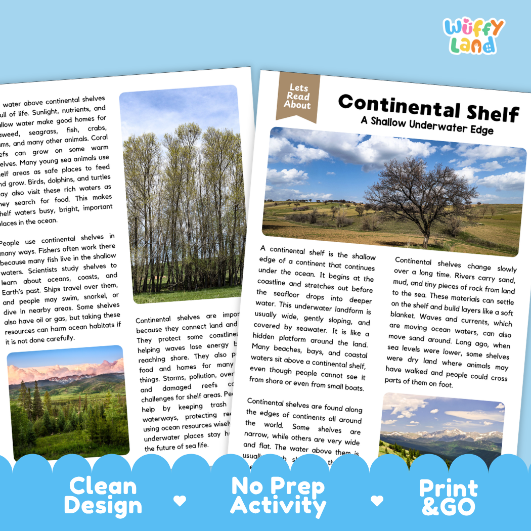 Teacher answer key page showing complete question solutions for continental shelf reading comprehension practice