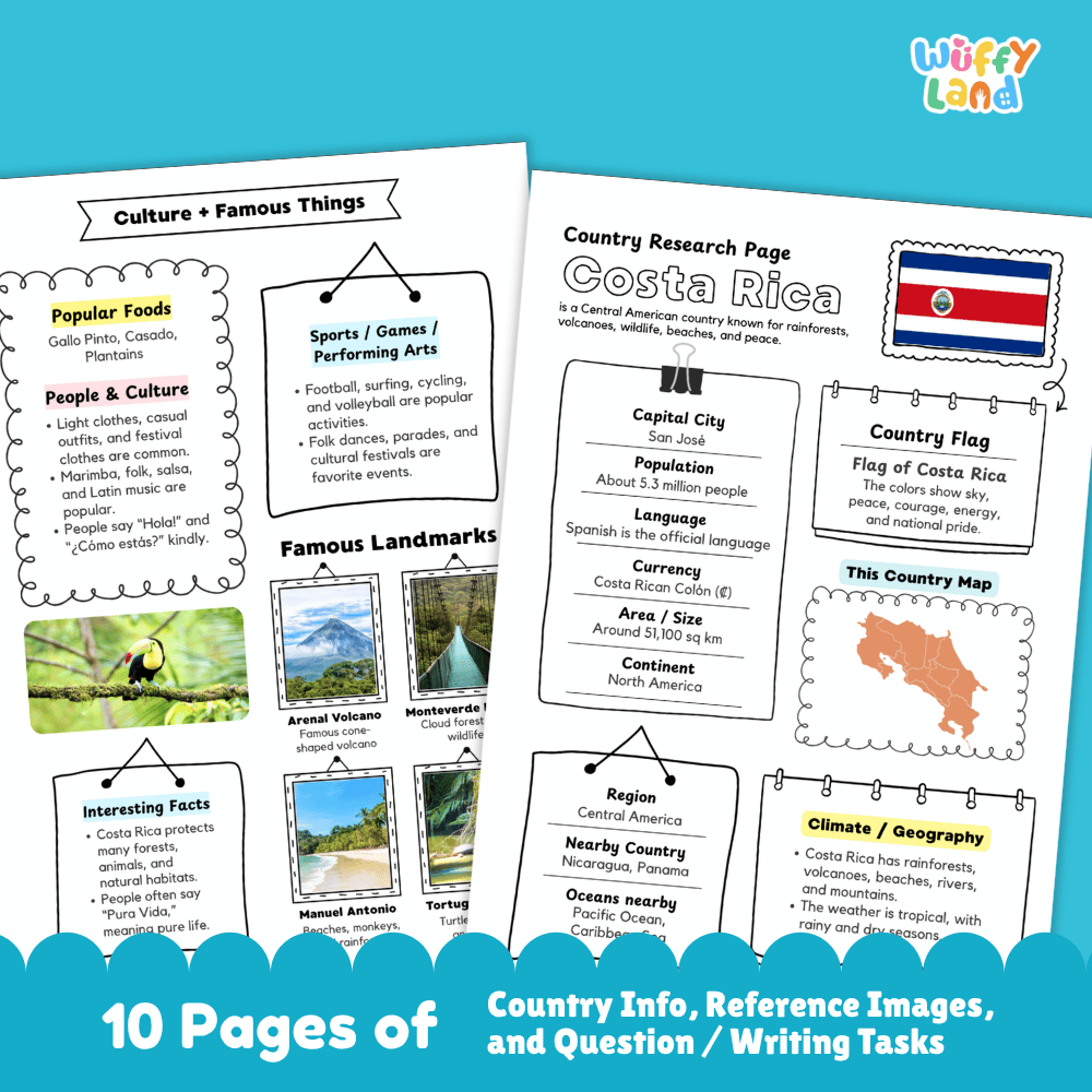 Costa Rica Country Research Project Worksheets and Activity Pages