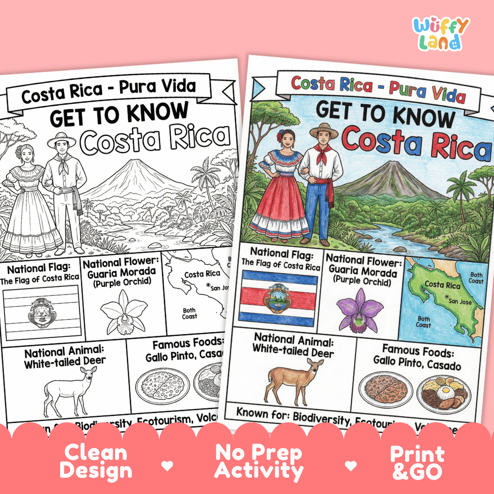 Costa Rica Geography Coloring Poster and Activity Worksheet