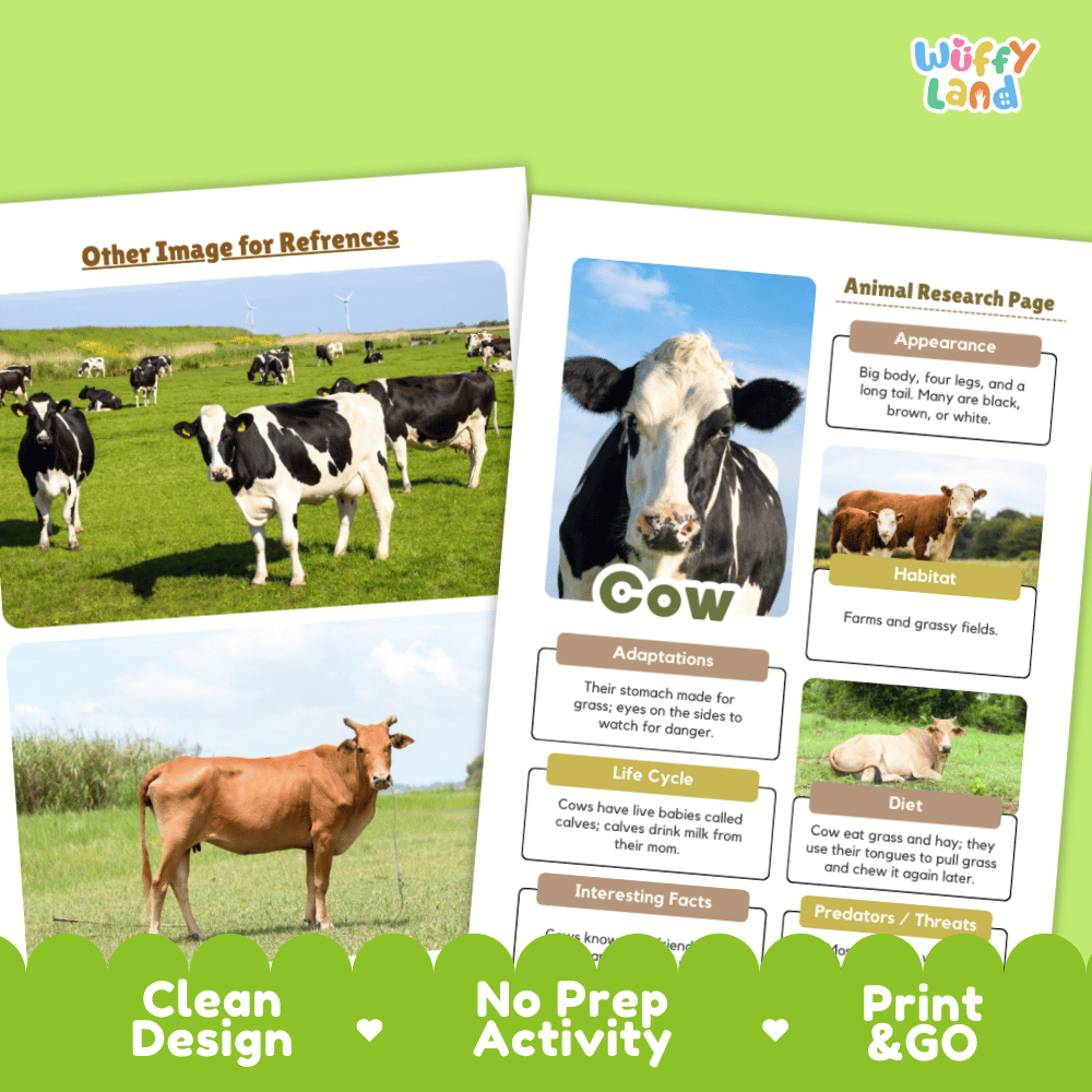 Cow Animal Research Project Graphic Organizers and Fact Sheet