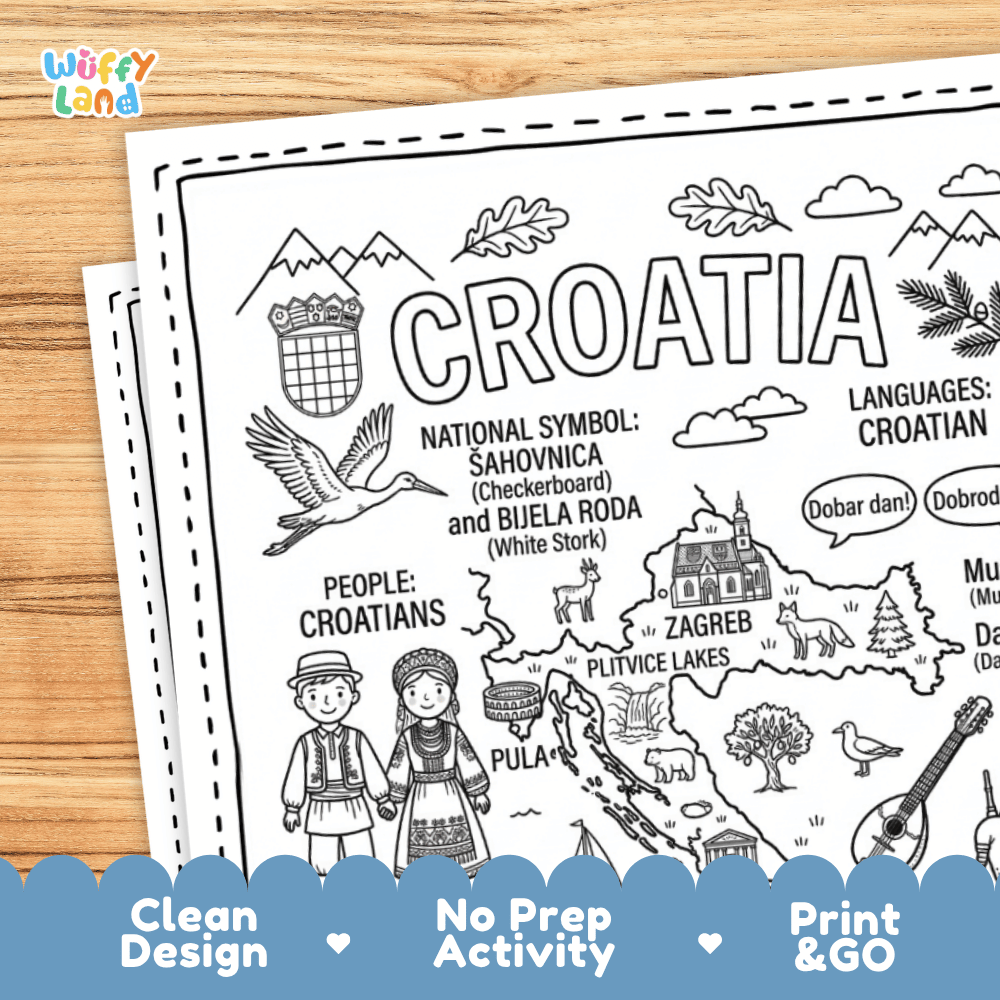 Cultural coloring page featuring traditional Croatian folk costumes, music and dance, sailboats, and Croatian greeting speech bubbles