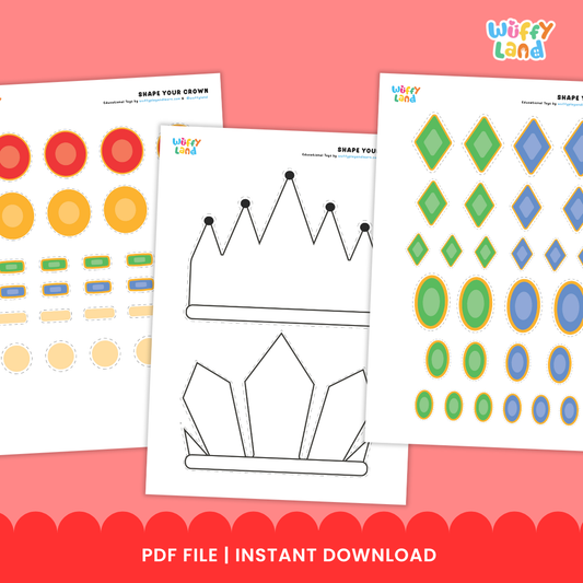 Printable crown craft activity for kids featuring cut-and-paste crown templates, colorful jewel shapes, and decorative pieces for assembling and designing paper crowns