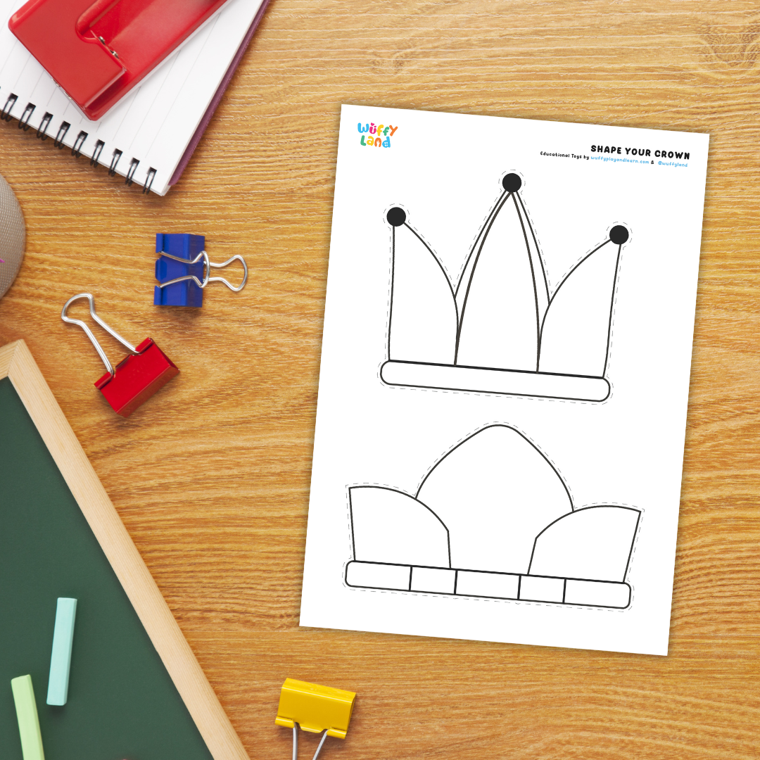 Printable crown craft activity for kids featuring cut-and-paste crown templates, colorful jewel shapes, and decorative pieces for assembling and designing paper crowns