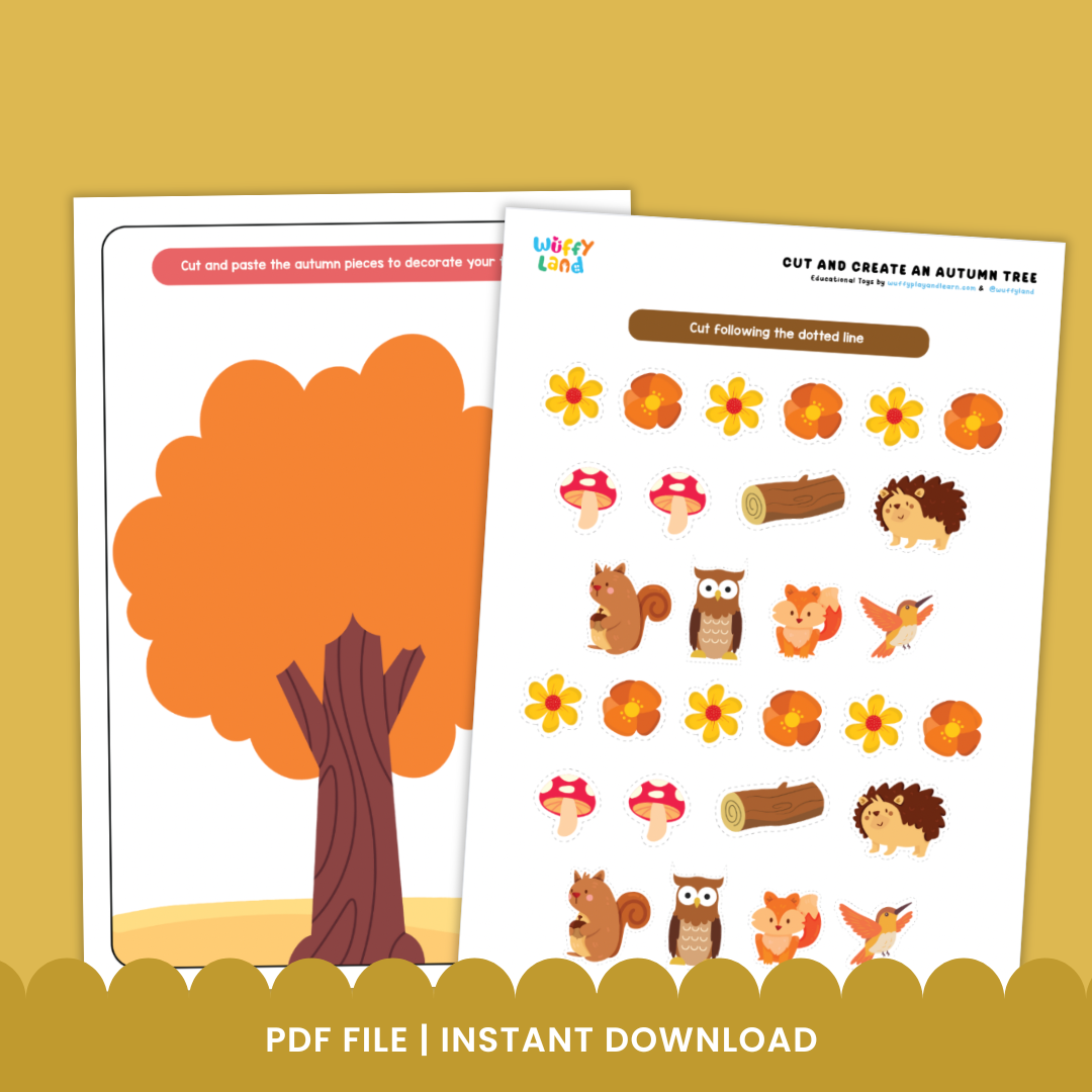 Two sheets of autumn-themed cutout decorations on a yellow background