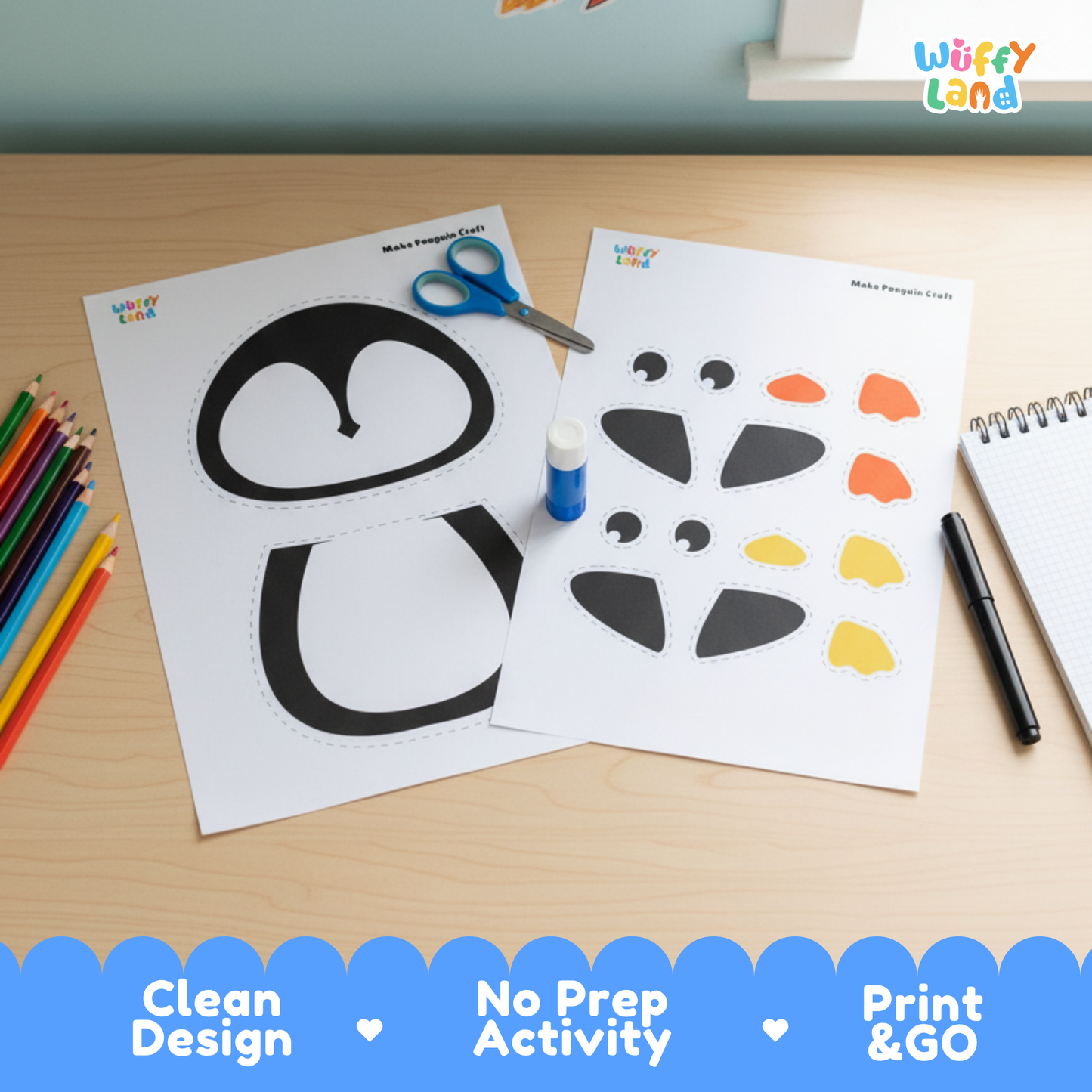 Printable penguin craft featuring mix-and-match pieces including a penguin body, head, scarf, Santa hat, sweater with a heart, reindeer antlers, and colorful feet for kids to cut and assemble