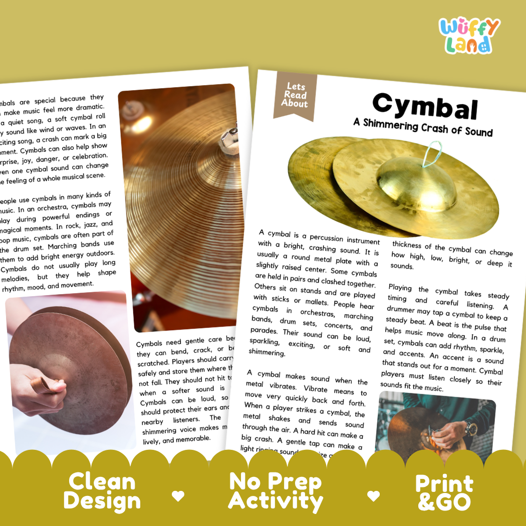 Teacher answer key page showing complete question solutions for Cymbal music education reading comprehension practice
