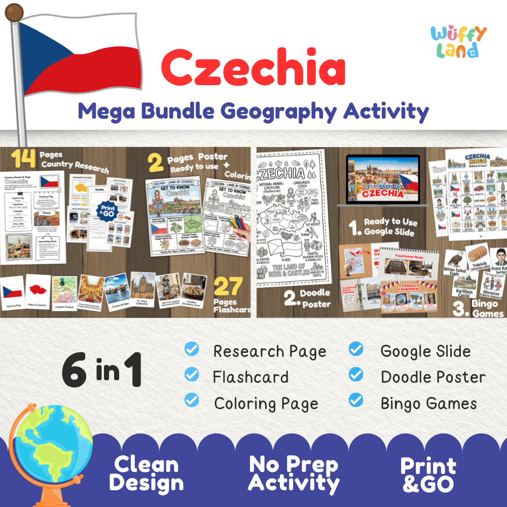 Complete Czechia geography activity bundle featuring Google Slides, doodle coloring poster, and classroom bingo games 🇨🇿🎒