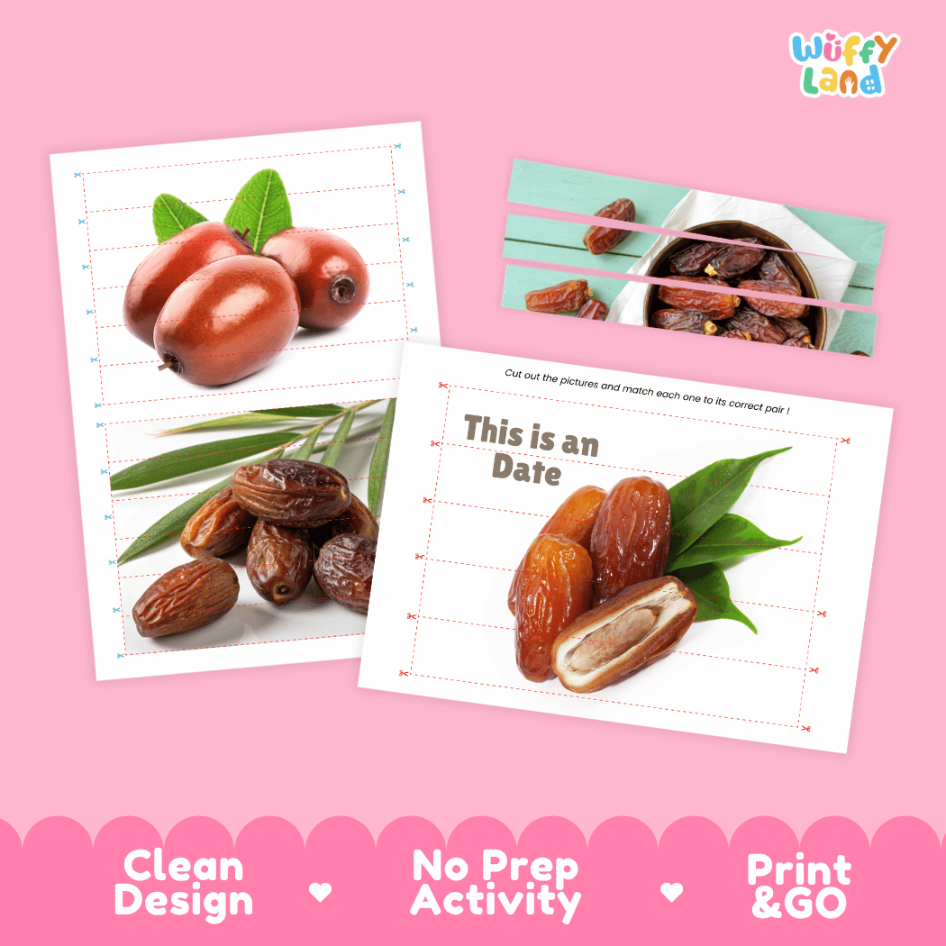 Date Cut and Match Activity Worksheets | Nuts and Dried Fruits Puzzle Printables