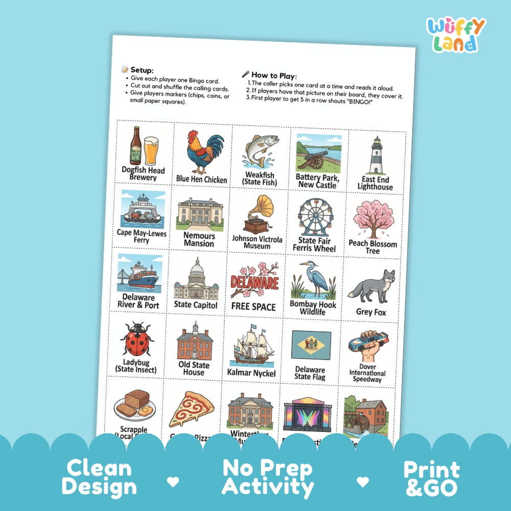 Delaware Geography BINGO Game The First State Activity Printable Boards