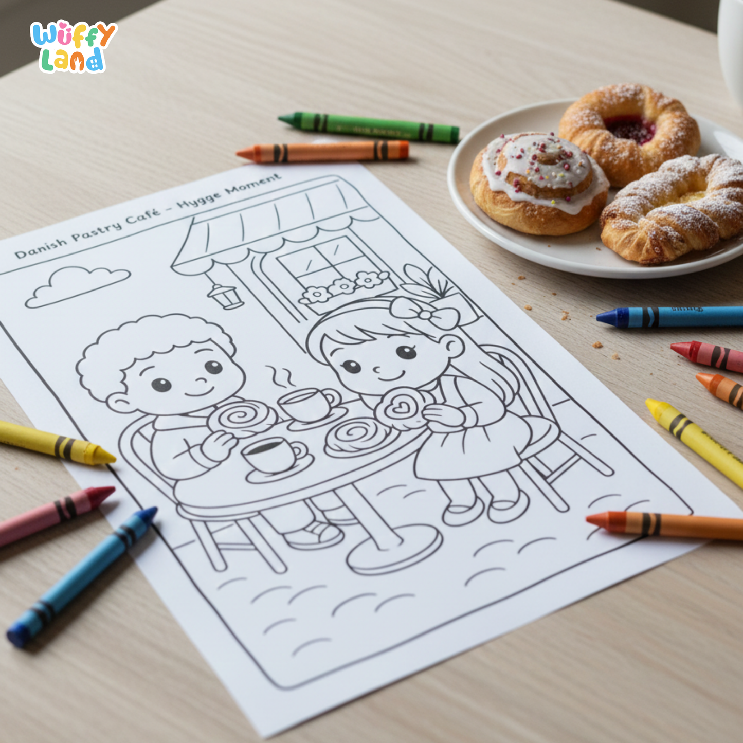 Black-and-white Denmark-themed coloring pages featuring children exploring Danish landmarks, including Aarhus Harbor with a lighthouse and Ferris wheel, Roskilde Cathedral, and the Danish Viking Ship Museum. The set includes 11 printable activity sheets for kids.