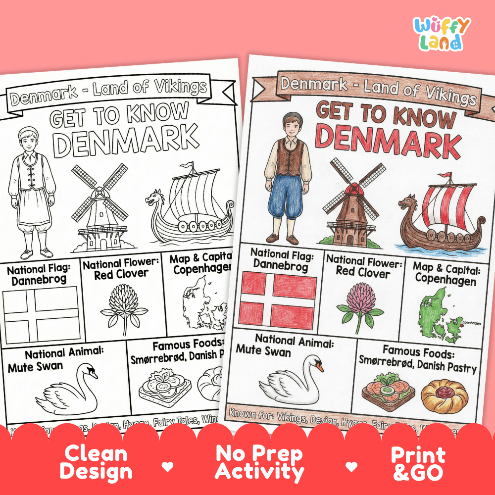 Denmark Geography Coloring Poster and Fact Sheet Printables