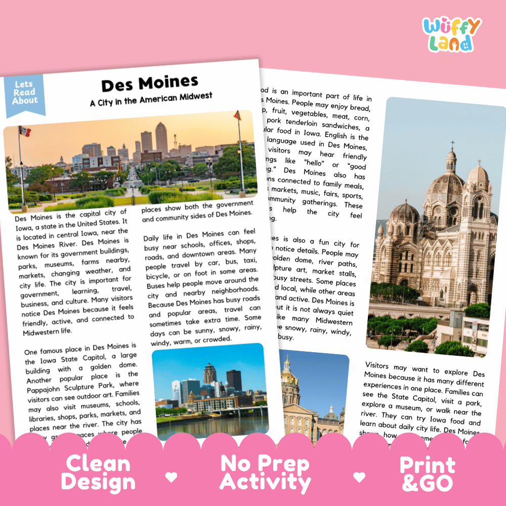 Reference sheet and answer key for Des Moines landmark reading passage displaying completed comprehension answers and United States geography facts