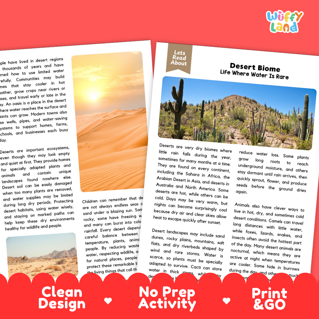 Teacher answer key page showing complete question solutions for Desert Biome Earth science and biology reading comprehension practice