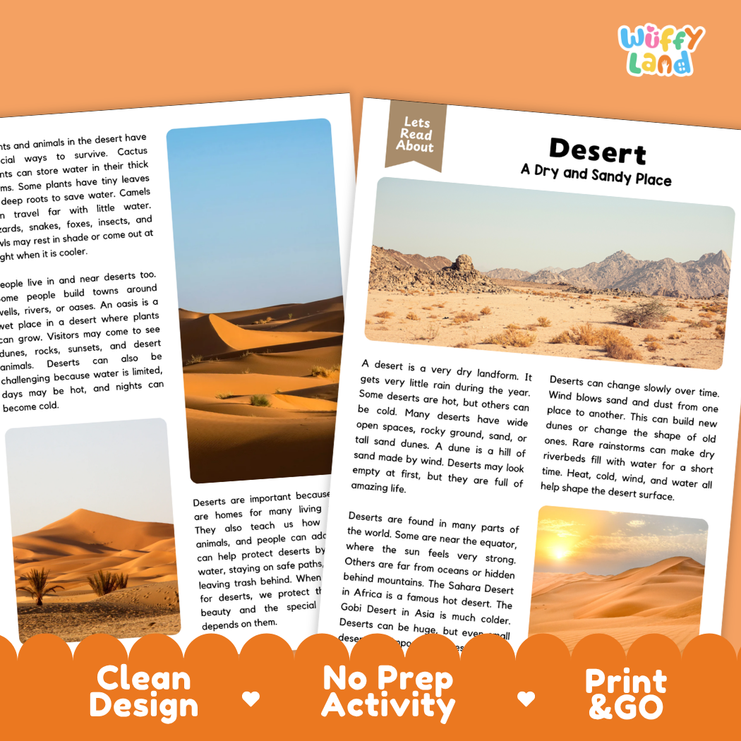 Desert Reading Passage and Comprehension Questions Worksheets Landforms