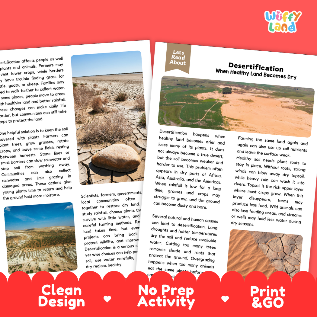 Teacher answer key page showing complete question solutions for Desertification environmental science reading comprehension practice