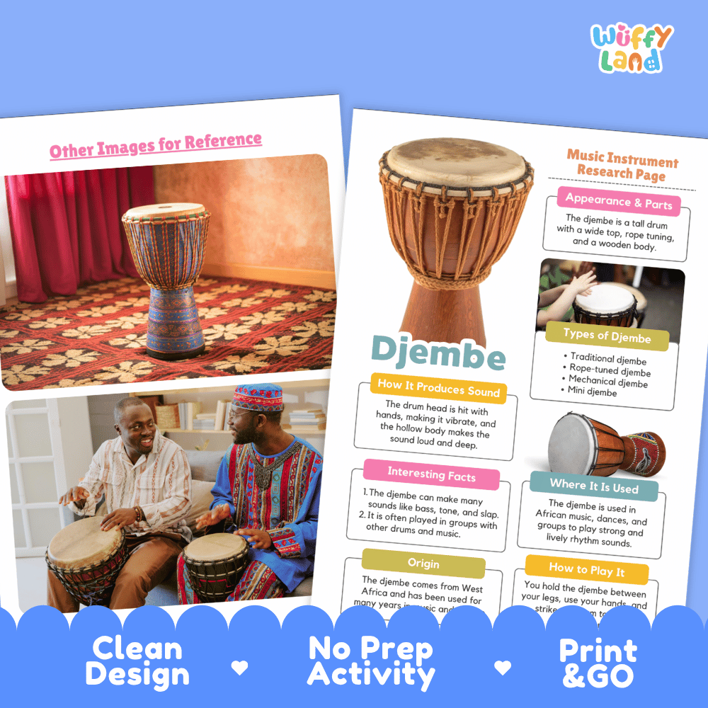 Djembe Music Research Page Worksheets and Fact Sheet