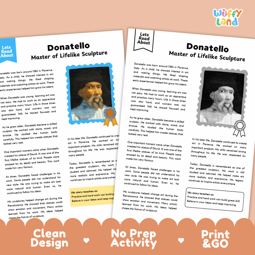Donatello Biography Reading Passage and Writing Activity Worksheets